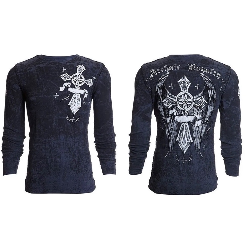 Archaic by Affliction Men's Thermal Shirt COUNTDOWN Wings Skull Biker Charcoal